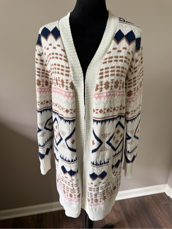 Serra Sweaters - Serra NEW w/Tags Open-Front Ivory Geometric Knit Long Cardigan Sweater Large